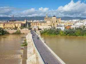 Aerial view of Puente Romano bridge in Cordoba