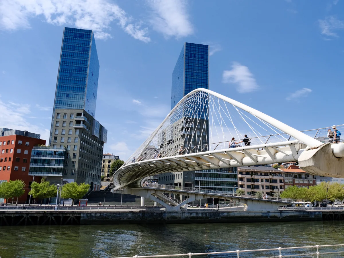 Isozaki Atea twin towers and Zubizuri bridge in Bilbao, Northern Spain