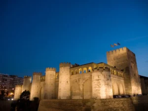 The Islamic Aljaferia Palace in Zaragoza at night
