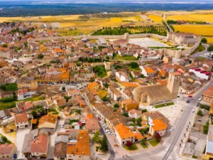 Aerial view of the Cuellar castle and the city Cuellar